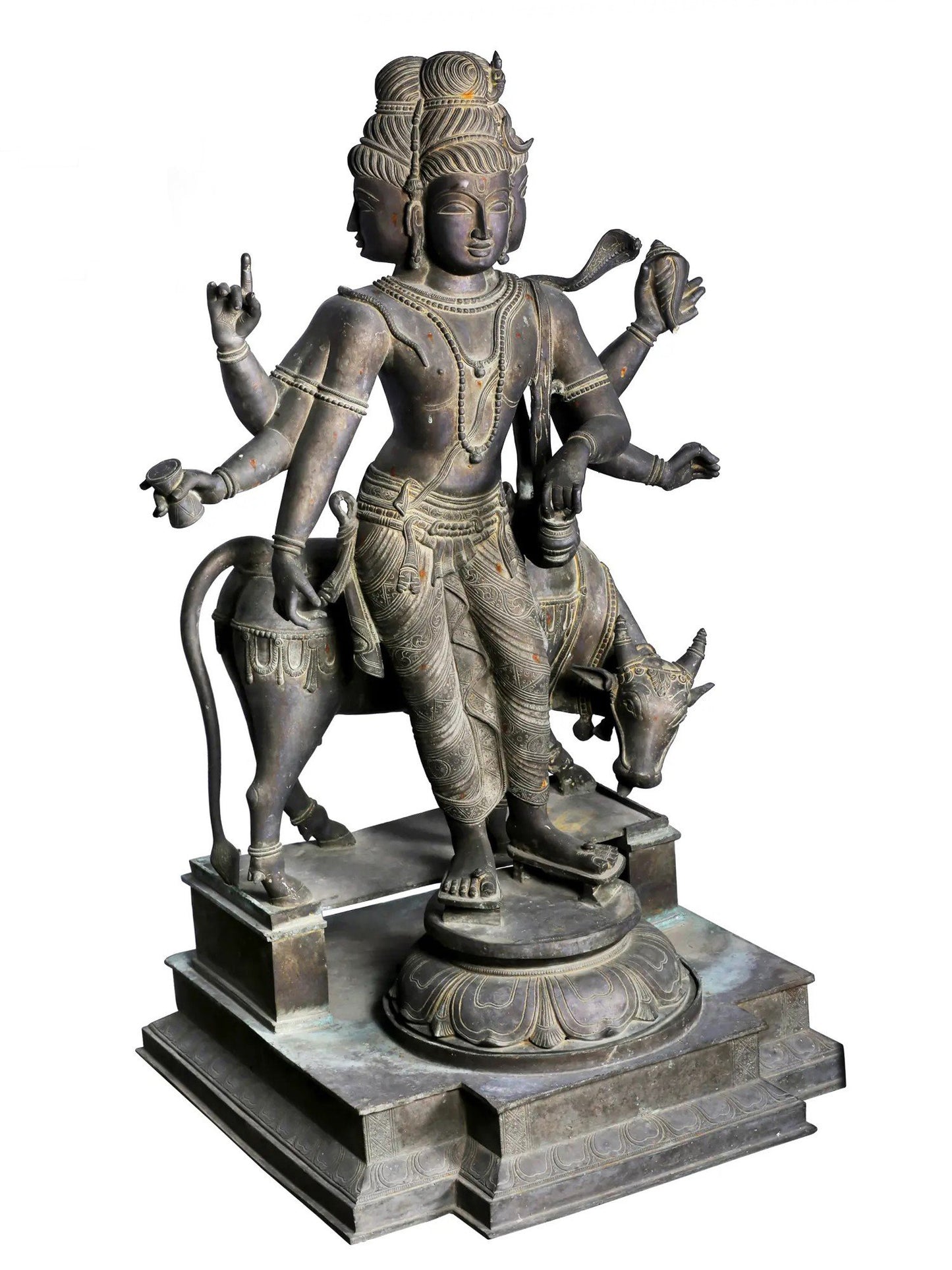 50'' Large Trimukha Dattatreya With Kamadhenu | Panchaloha Bronze Statue From Swamimalai