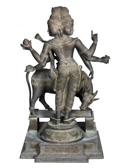 50'' Large Trimukha Dattatreya With Kamadhenu | Panchaloha Bronze Statue From Swamimalai