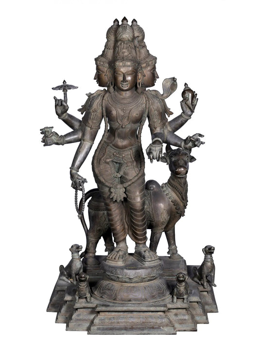 58'' Large Six Armed Trimukhi Dattatreya Statue | Panchaloha Bronze Statue From Swamimalai | Statue For Garden And Temple