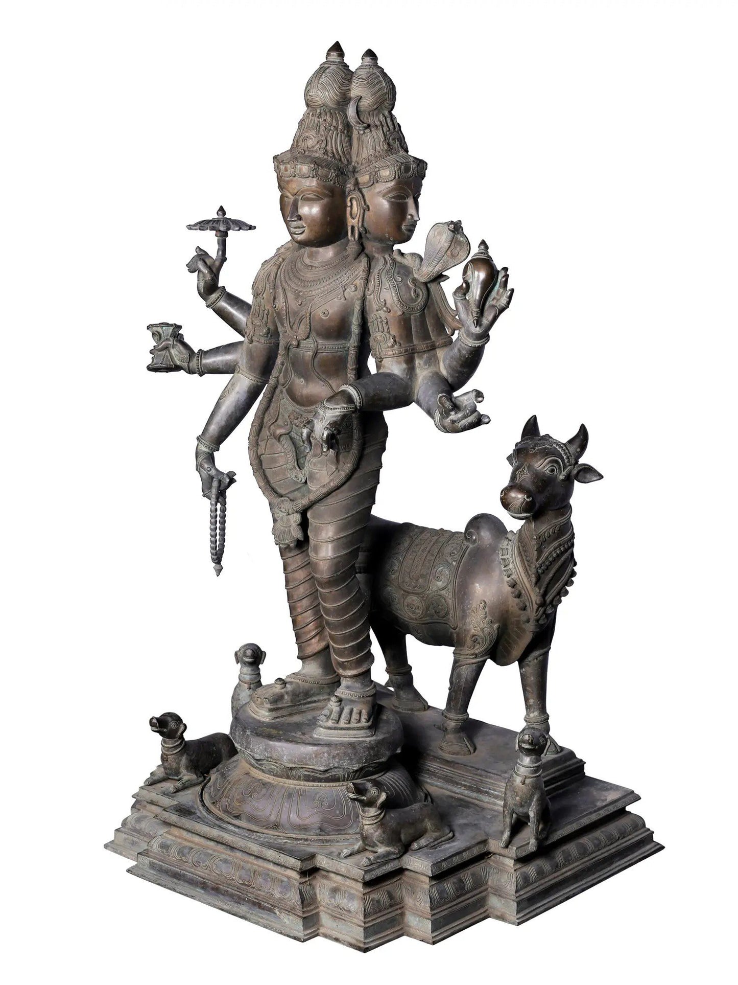 58'' Large Six Armed Trimukhi Dattatreya Statue | Panchaloha Bronze Statue From Swamimalai | Statue For Garden And Temple