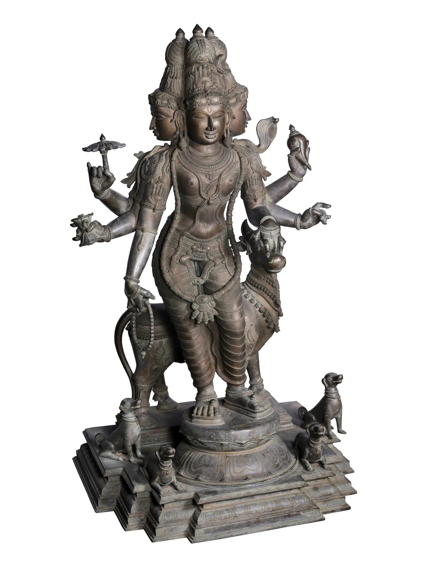 58'' Large Six Armed Trimukhi Dattatreya Statue | Panchaloha Bronze Statue From Swamimalai | Statue For Garden And Temple