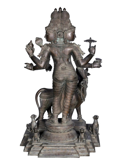 58'' Large Six Armed Trimukhi Dattatreya Statue | Panchaloha Bronze Statue From Swamimalai | Statue For Garden And Temple