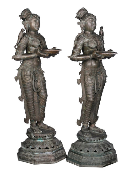 62'' Large Pair Of Deepalakshmi Statue | Panchaloha Bronze Statue From Swamimalai