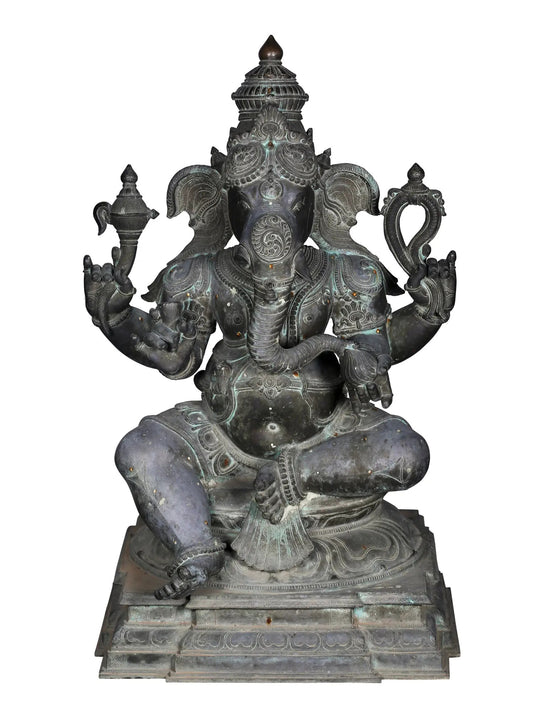 39'' Large Chaturbhuja Lord Ganesha | Madhuchista Vidhana (Lost-Wax) | Panchaloha Bronze Statue From Swamimalai