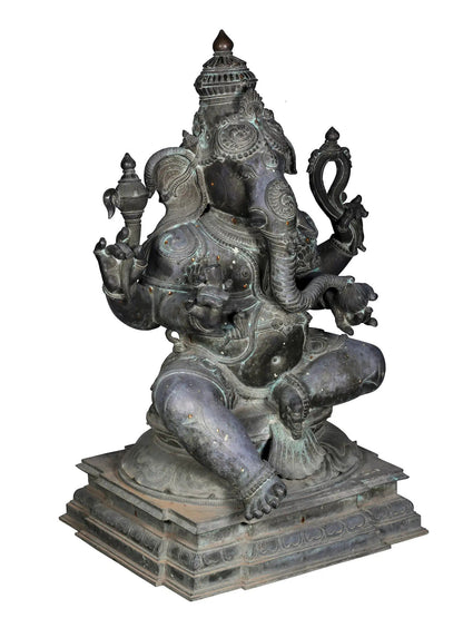 39'' Large Chaturbhuja Lord Ganesha | Madhuchista Vidhana (Lost-Wax) | Panchaloha Bronze Statue From Swamimalai