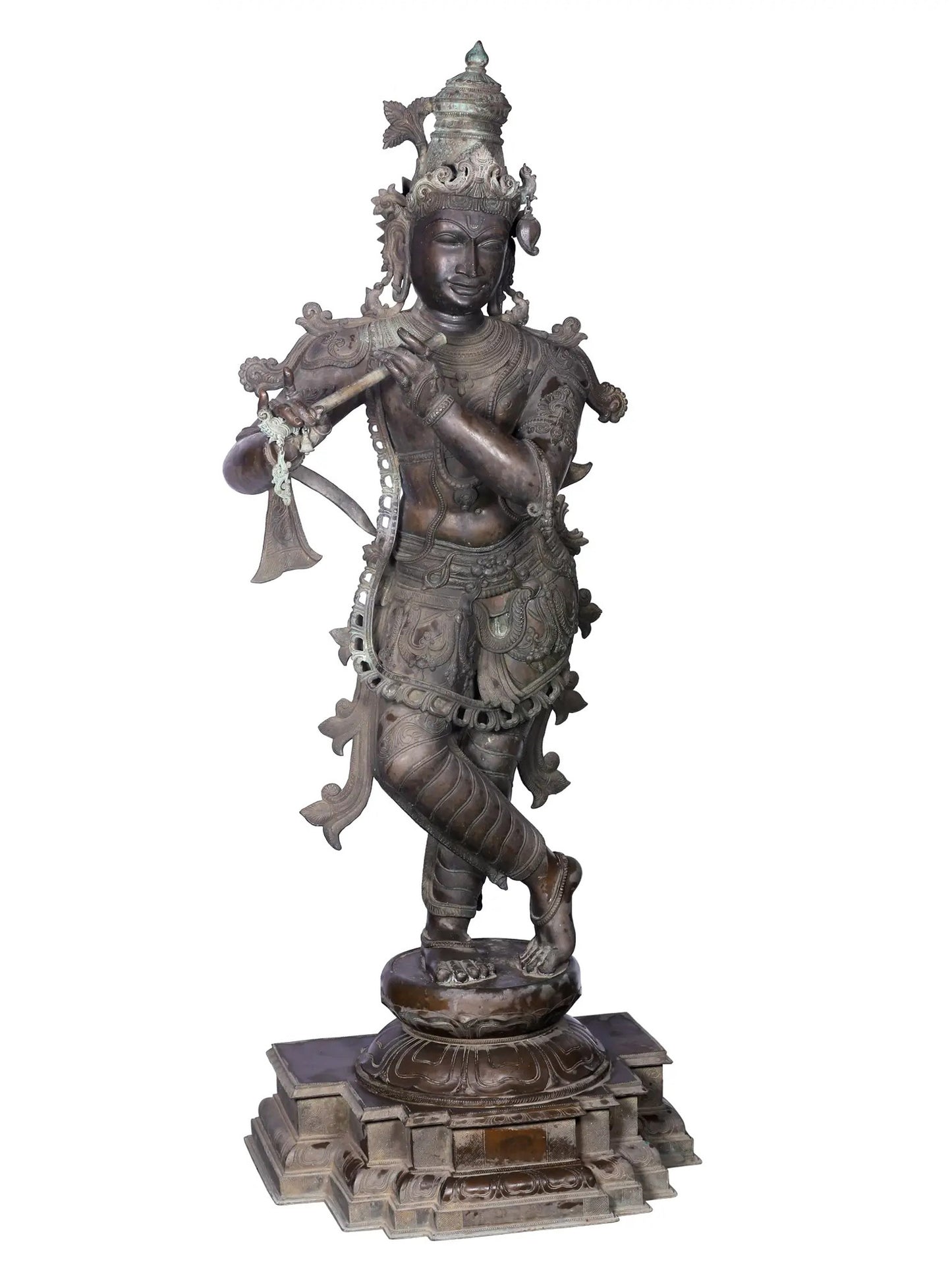 68'' Large Fluting Krishna Sculpture For Temple | Panchaloha Bronze Statue From Swamimalai