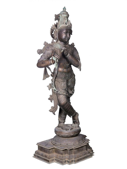 68'' Large Fluting Krishna Sculpture For Temple | Panchaloha Bronze Statue From Swamimalai