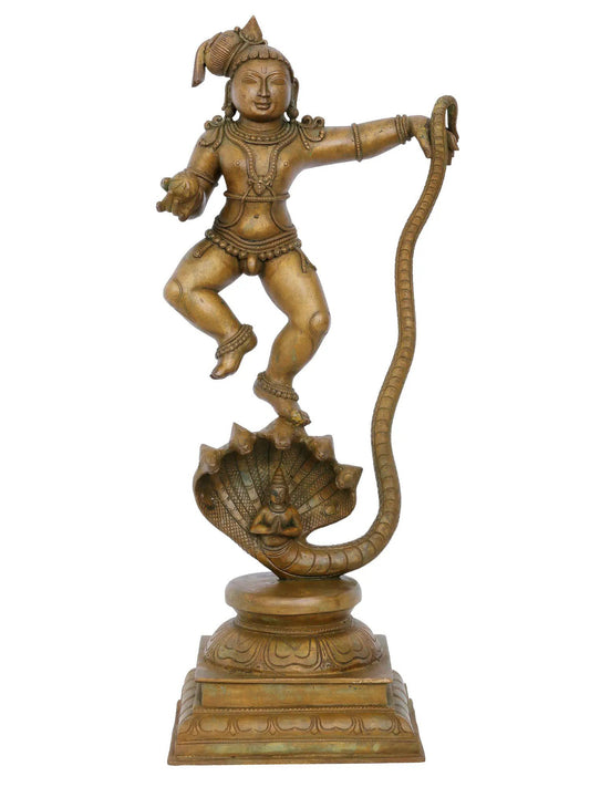 19'' Lord Krishna Stand On Five Headed Kaliya Serpent | Panchaloha Bronze Statue From Swamimalai