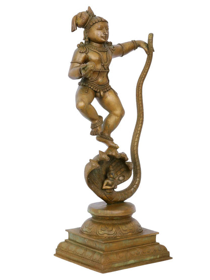 19'' Lord Krishna Stand On Five Headed Kaliya Serpent | Panchaloha Bronze Statue From Swamimalai