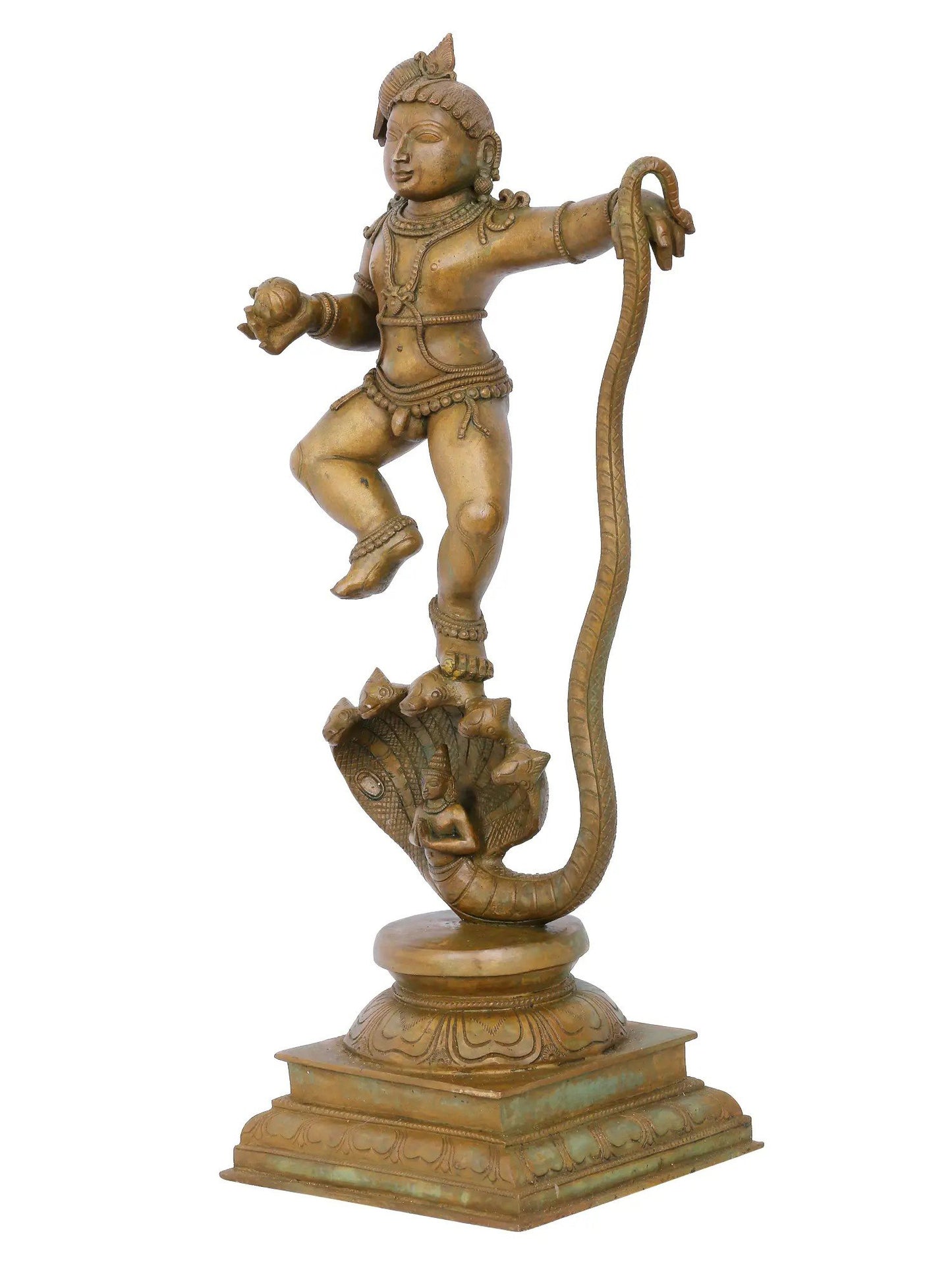 19'' Lord Krishna Stand On Five Headed Kaliya Serpent | Panchaloha Bronze Statue From Swamimalai