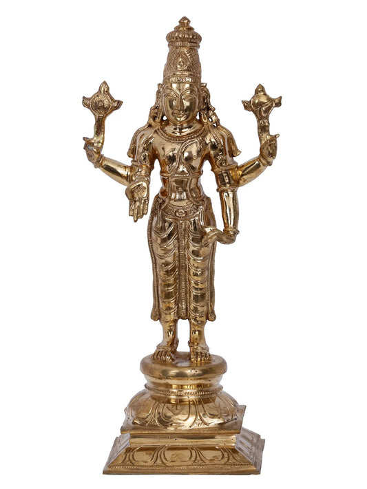 12" Four Hands Lord Vishnu Bronze Sculpture | Panchaloha Bronze Statue From Swamimalai