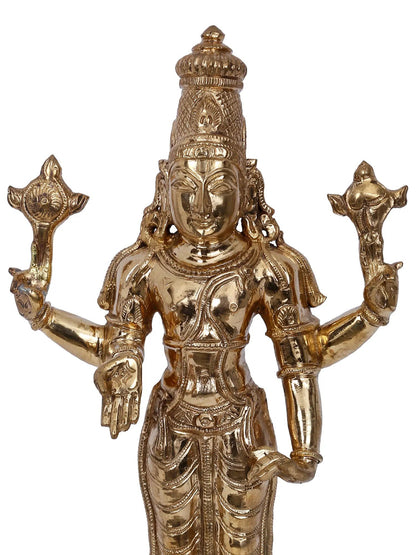 12" Four Hands Lord Vishnu Bronze Sculpture | Panchaloha Bronze Statue From Swamimalai