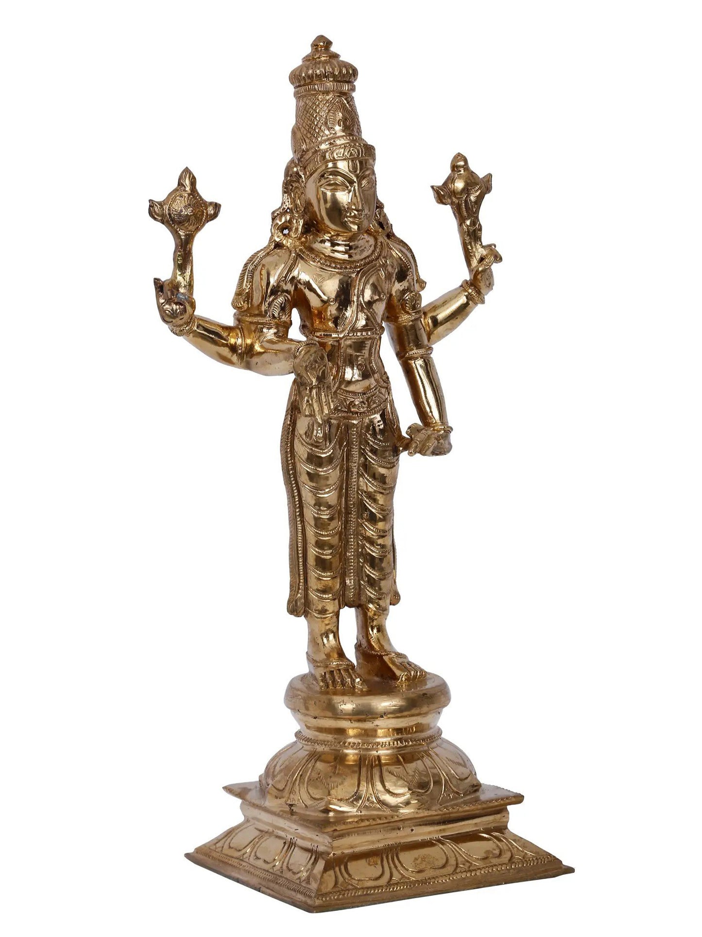 12" Four Hands Lord Vishnu Bronze Sculpture | Panchaloha Bronze Statue From Swamimalai