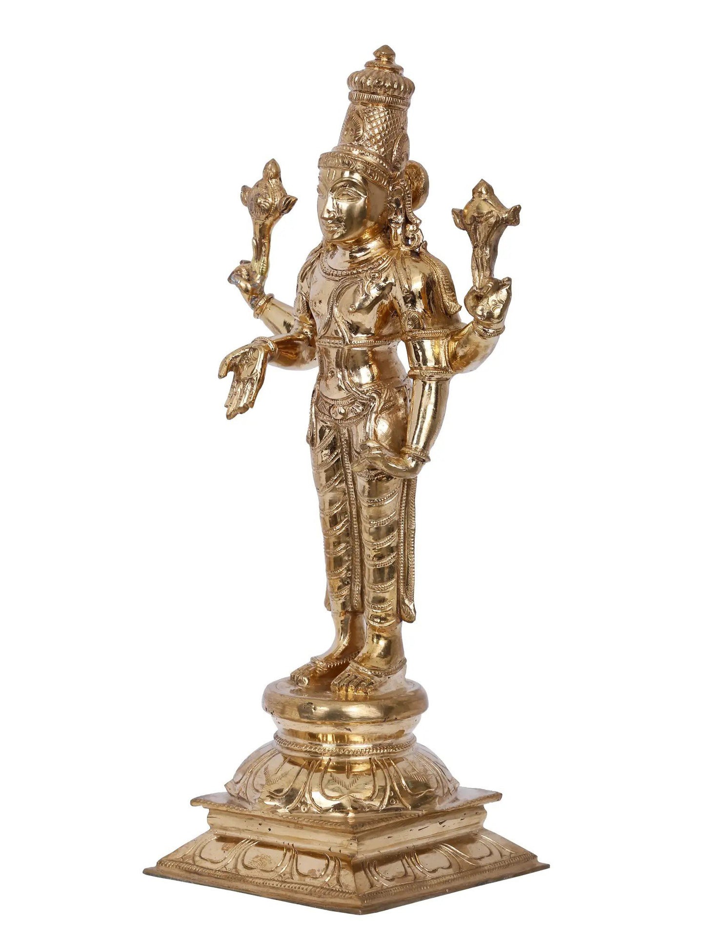 12" Four Hands Lord Vishnu Bronze Sculpture | Panchaloha Bronze Statue From Swamimalai