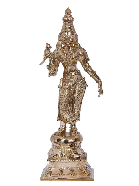 12'' Standing Goddess Meenakshi With Parrot | Panchaloha Bronze Statue From Swamimalai