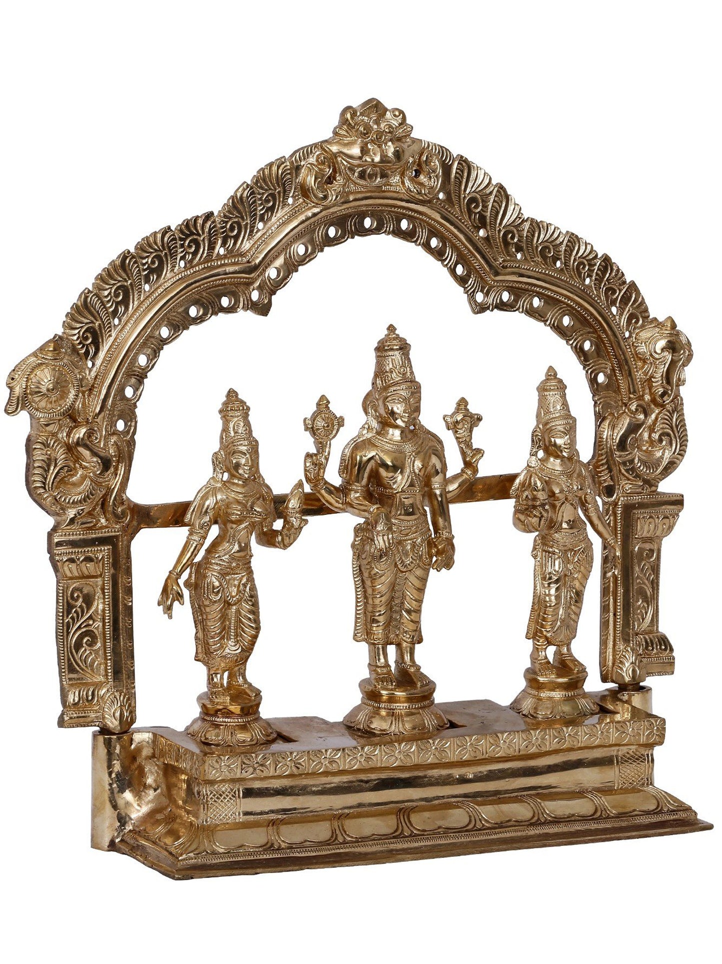 13'' Lord Perumal With Sridevi And Bhudevi | Panchaloha Bronze Statue From Swamimalai