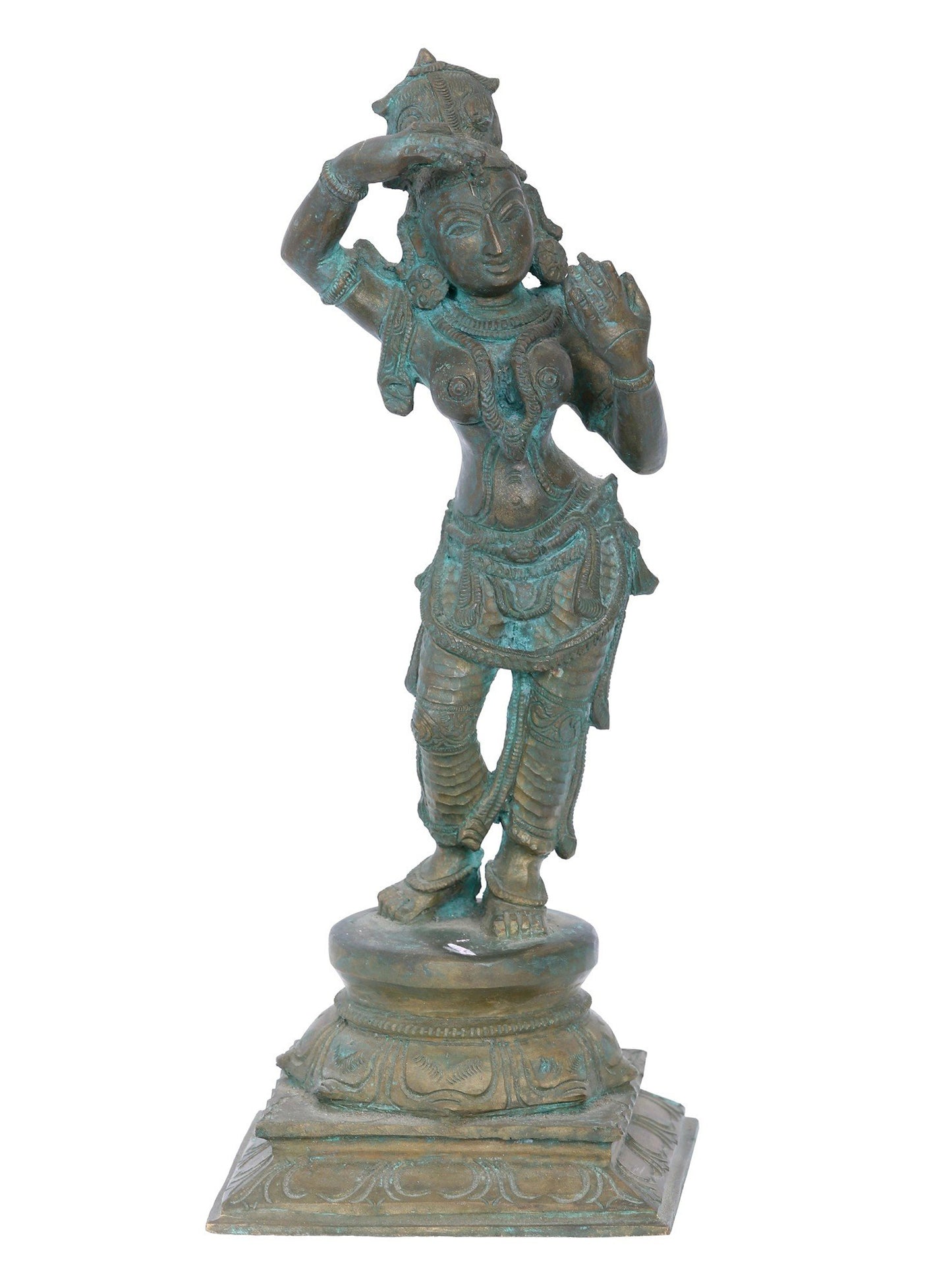 12'' Bronze Mirror Holding Lady | Panchaloha Bronze Statue From Swamimalai