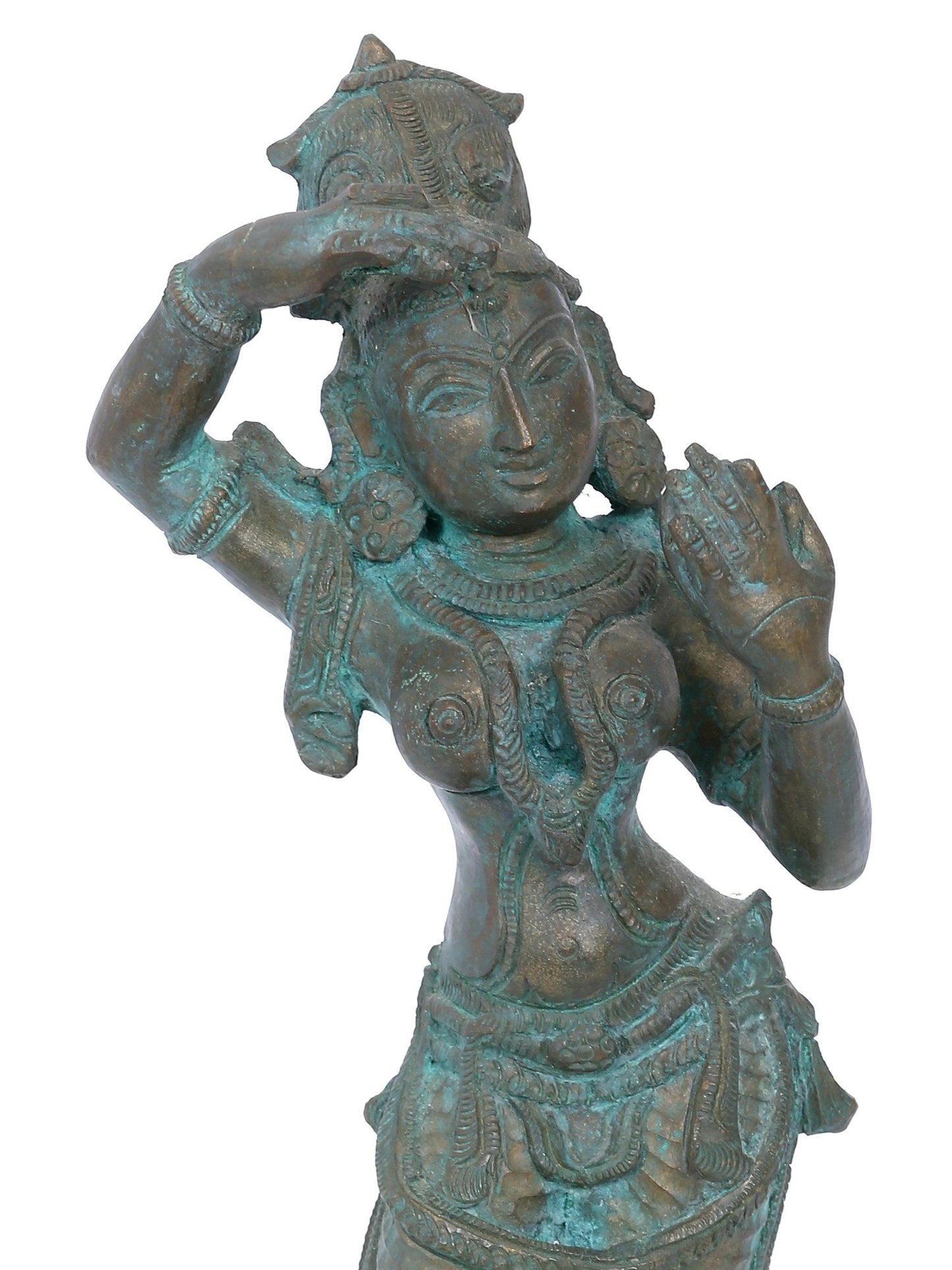 12'' Bronze Mirror Holding Lady | Panchaloha Bronze Statue From Swamimalai