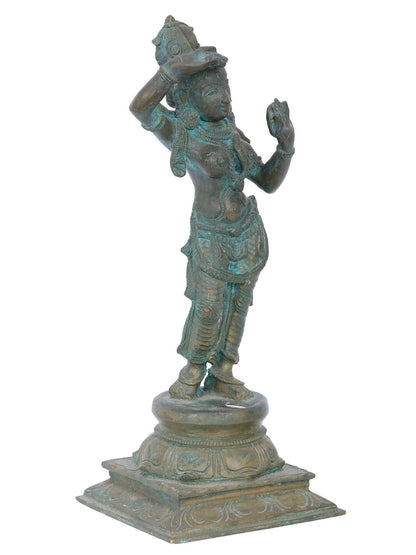 12'' Bronze Mirror Holding Lady | Panchaloha Bronze Statue From Swamimalai