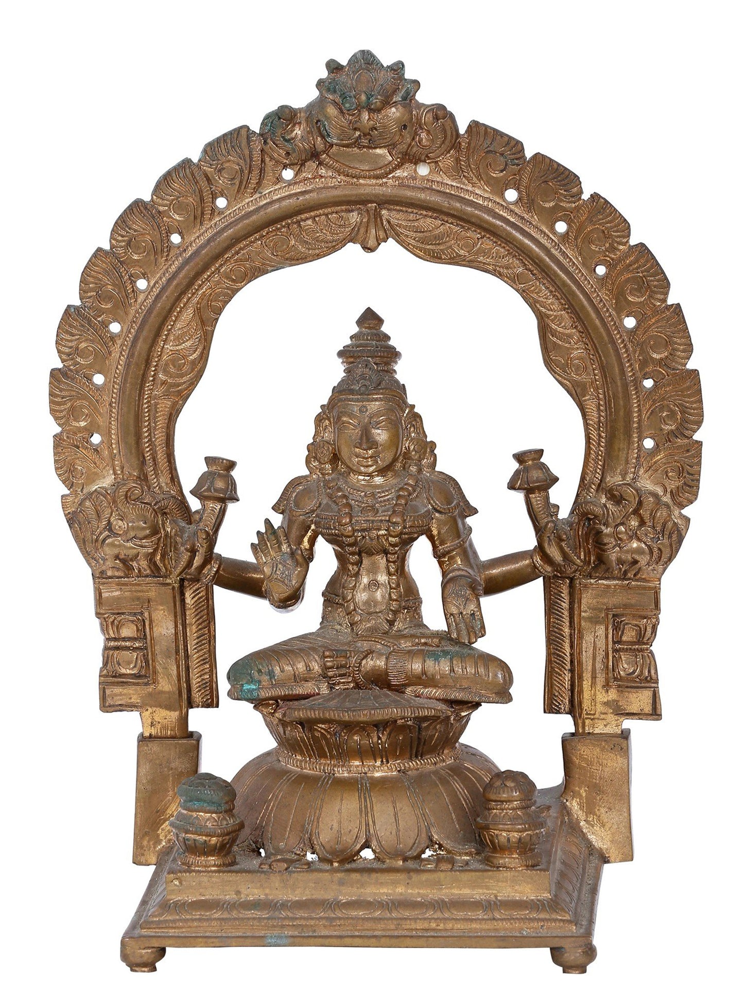 10.5'' Seated Goddess Lakshmi On Kirtimukha Throne | Panchaloha Bronze Statue From Swamimalai