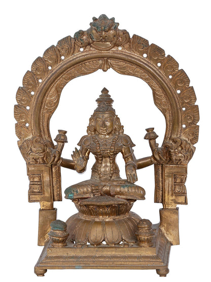 10.5'' Seated Goddess Lakshmi On Kirtimukha Throne | Panchaloha Bronze Statue From Swamimalai