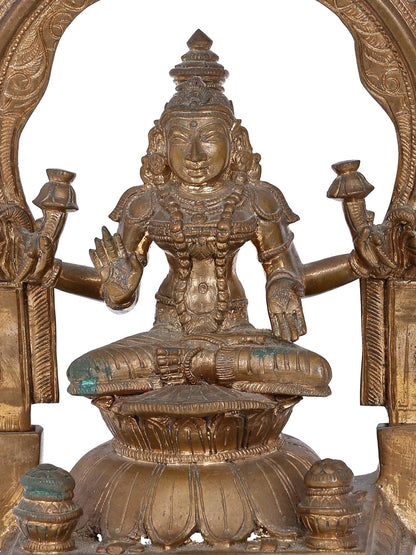 10.5'' Seated Goddess Lakshmi On Kirtimukha Throne | Panchaloha Bronze Statue From Swamimalai