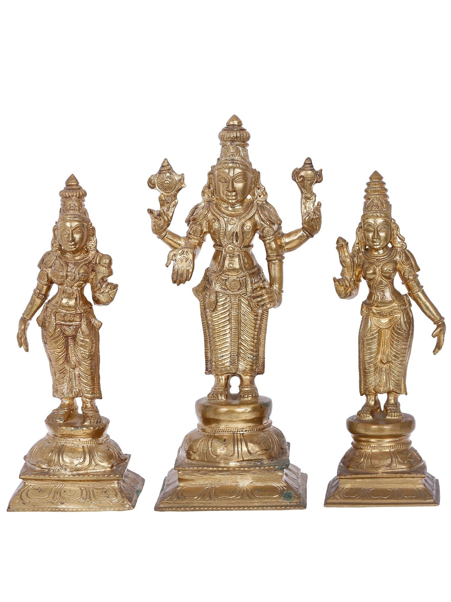 13'' Trio Of Lord Perumal With Sridevi And Bhudevi (Set Of 3) | Panchaloha Bronze Statue From Swamimalai