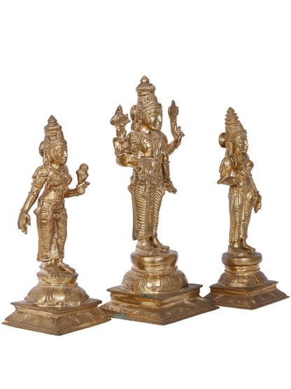 13'' Trio Of Lord Perumal With Sridevi And Bhudevi (Set Of 3) | Panchaloha Bronze Statue From Swamimalai