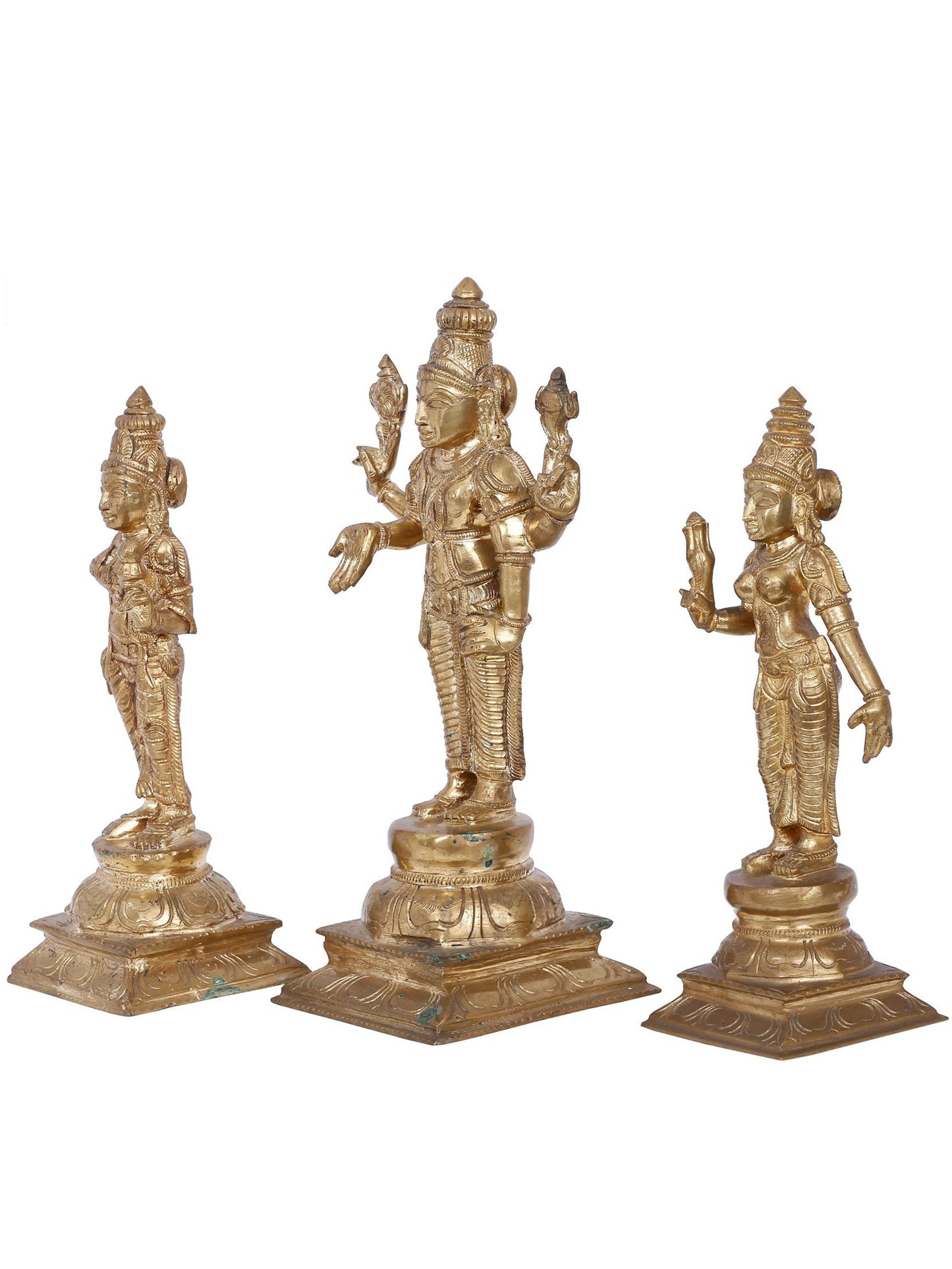 13'' Trio Of Lord Perumal With Sridevi And Bhudevi (Set Of 3) | Panchaloha Bronze Statue From Swamimalai