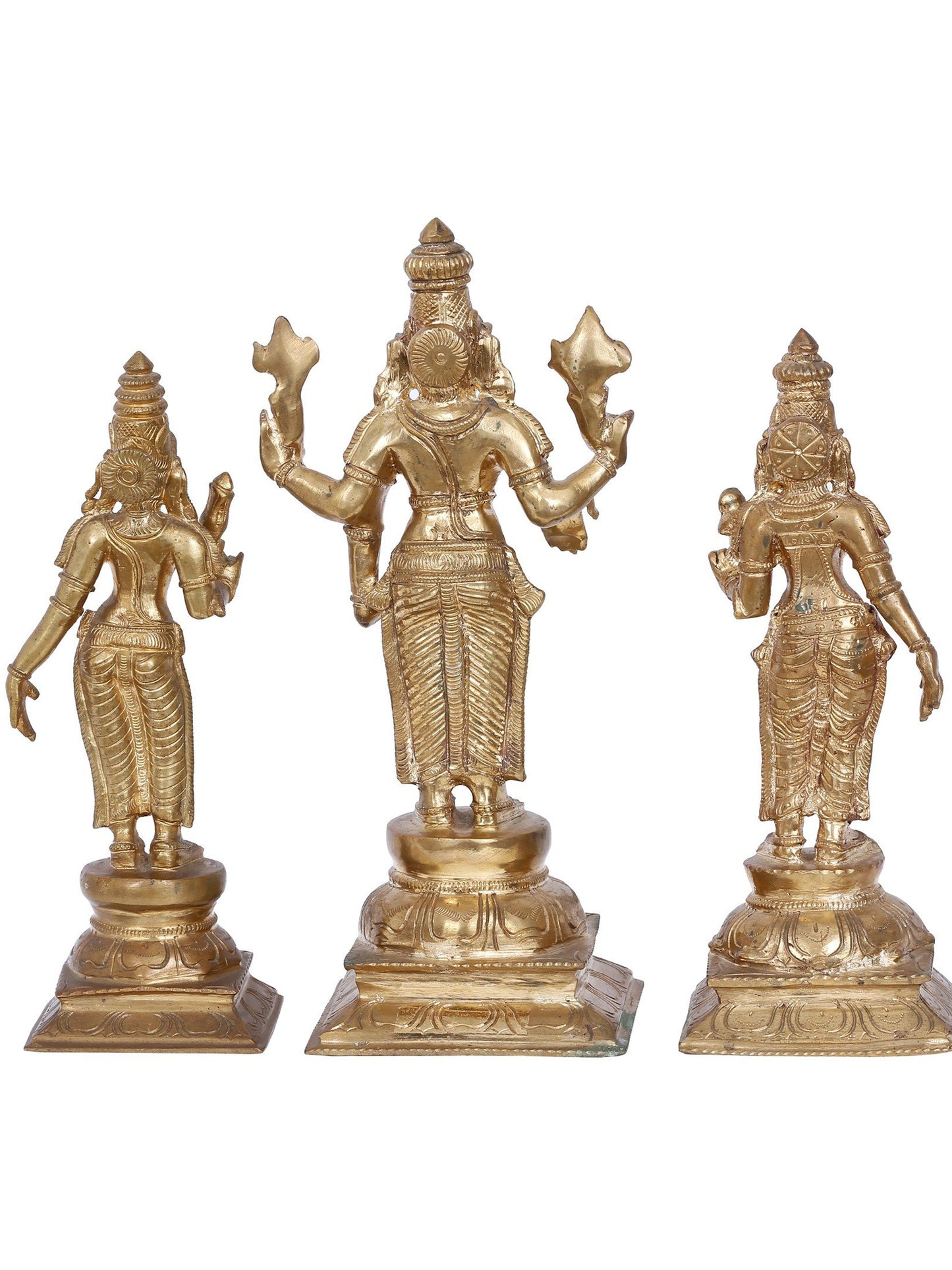 13'' Trio Of Lord Perumal With Sridevi And Bhudevi (Set Of 3) | Panchaloha Bronze Statue From Swamimalai