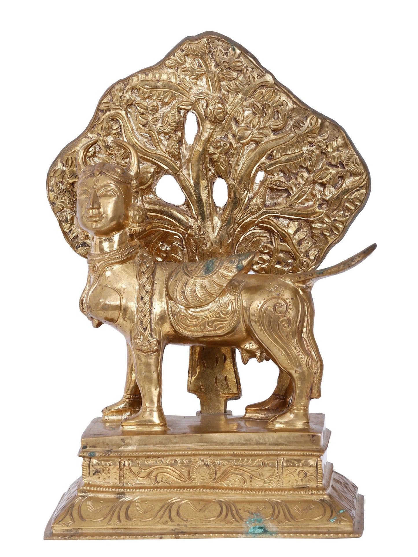 12'' Goddess Kamdhenu Cow Under Kalpavriksha Tree | Panchaloha Bronze Statue From Swamimalai