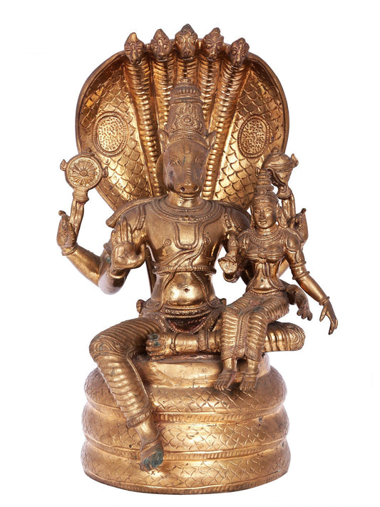 12'' Hayagreeva With Goddess Lakshmi On Sheshnag Throne | Decorative Bronze Idol | Bronze Statue For Temple