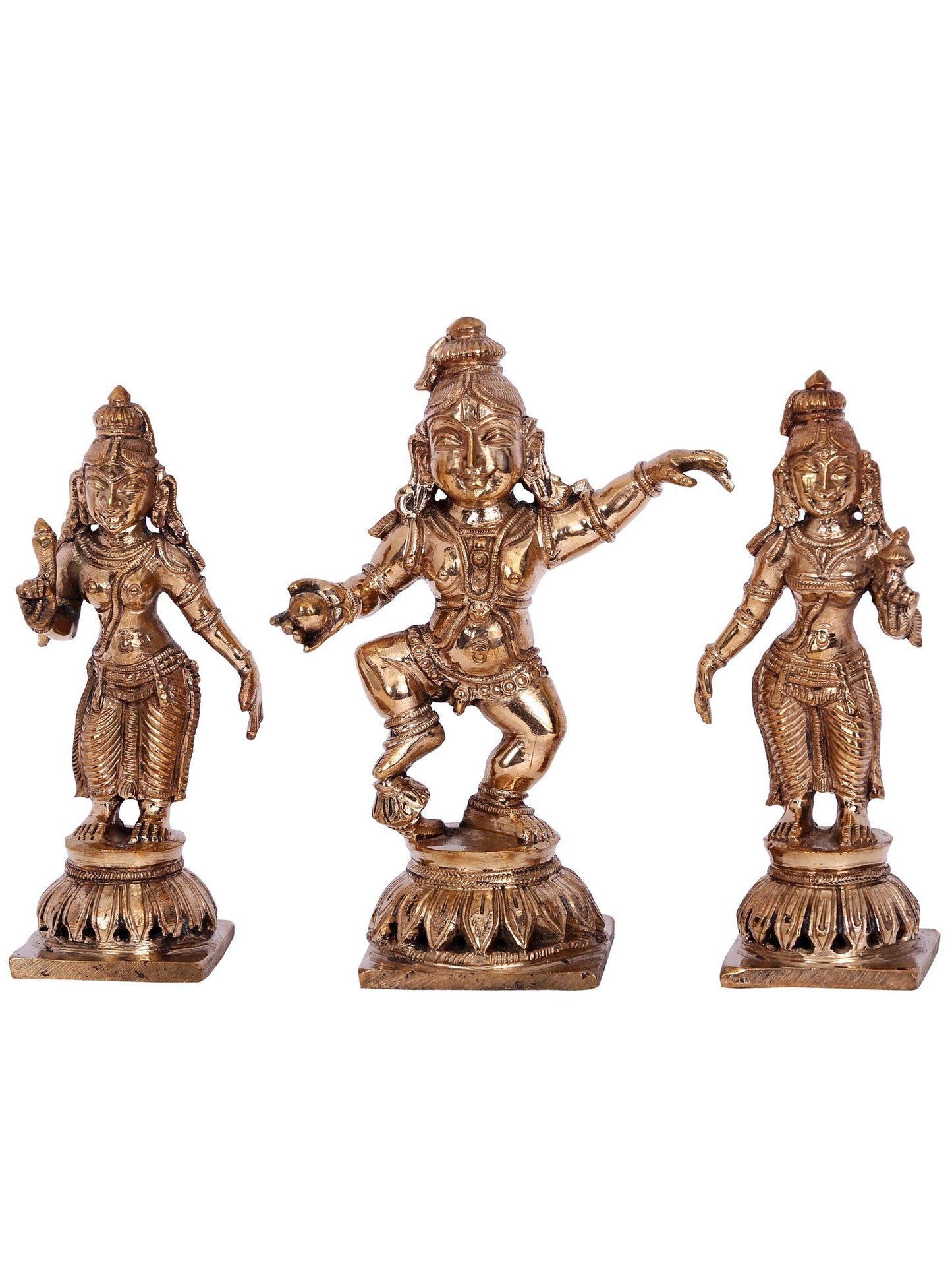 5'' Bhagawan Krishna With Rukmini And Satyabhama | Decorative Bronze Idol | Bronze Statue For Temple