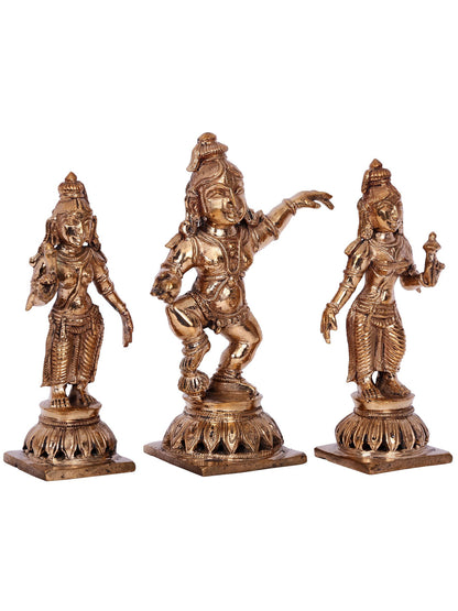 5'' Bhagawan Krishna With Rukmini And Satyabhama | Decorative Bronze Idol | Bronze Statue For Temple