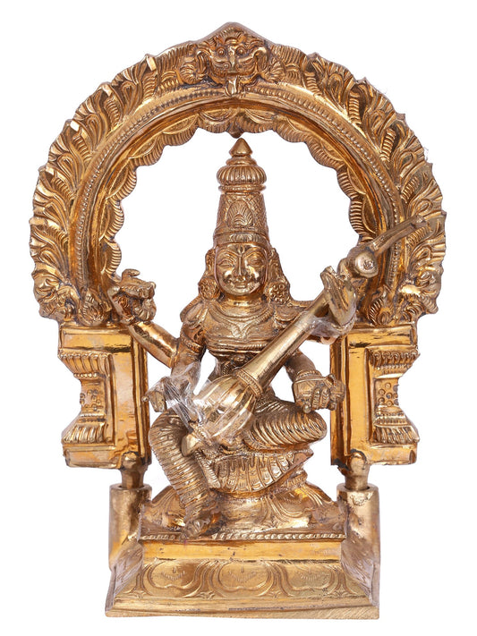 7'' Devi Saraswati Seated On Kirtimukha Throne Bronze Statue | Decorative Bronze Idol | Bronze Statue For Temple