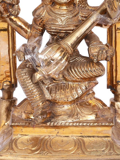 7'' Devi Saraswati Seated On Kirtimukha Throne Bronze Statue | Decorative Bronze Idol | Bronze Statue For Temple