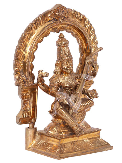 7'' Devi Saraswati Seated On Kirtimukha Throne Bronze Statue | Decorative Bronze Idol | Bronze Statue For Temple