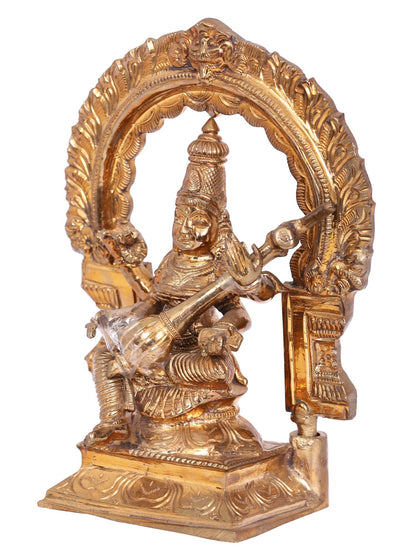 7'' Devi Saraswati Seated On Kirtimukha Throne Bronze Statue | Decorative Bronze Idol | Bronze Statue For Temple