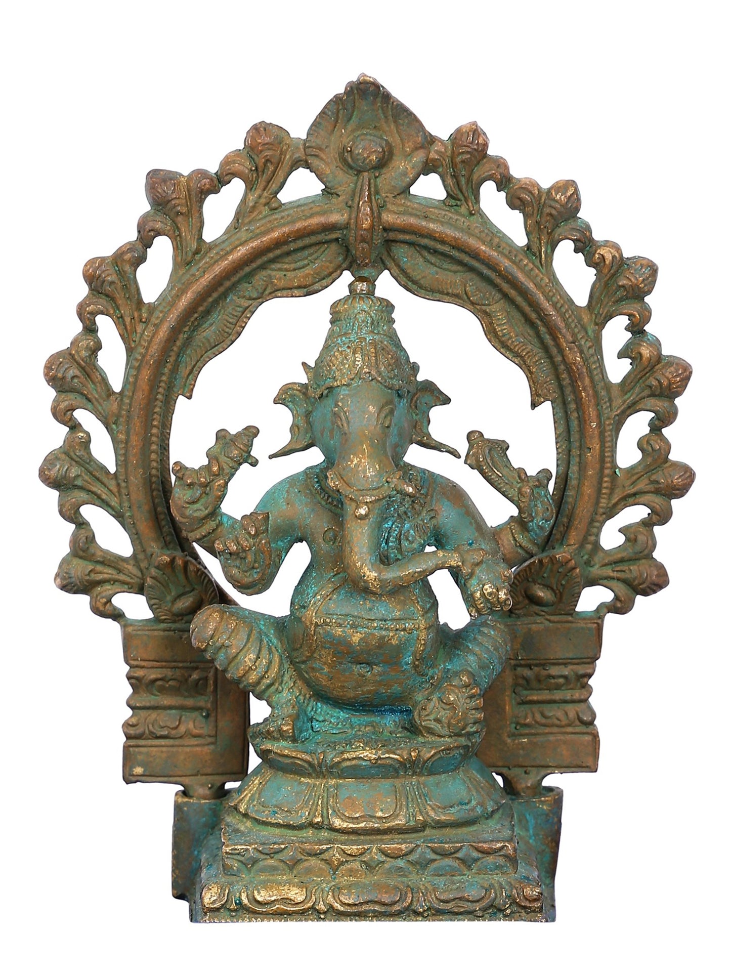 4'' Small Sitting Lord Ganesha On Attractive Throne | Decorative Bronze Idol | Bronze Statue For Temple