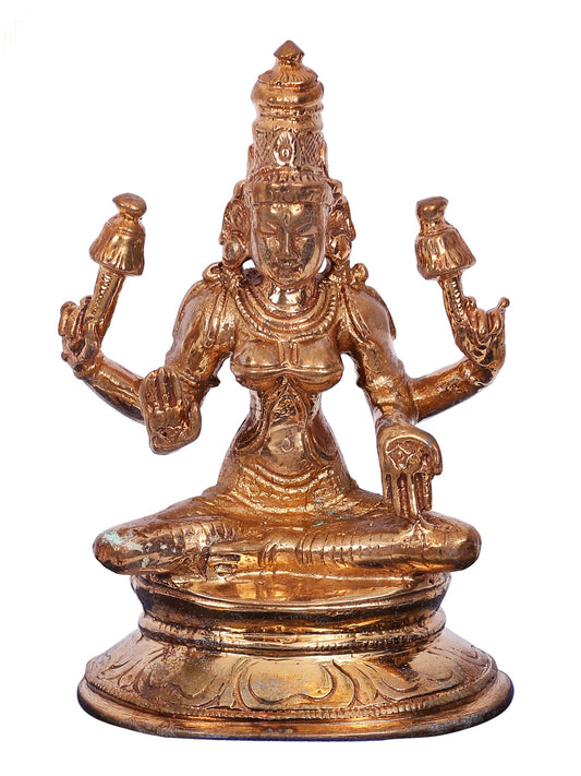 3" Four Hands Goddess Lakshmi Seated On Kamalasan Statue | Decorative Bronze Idol | Bronze Statue For Temple