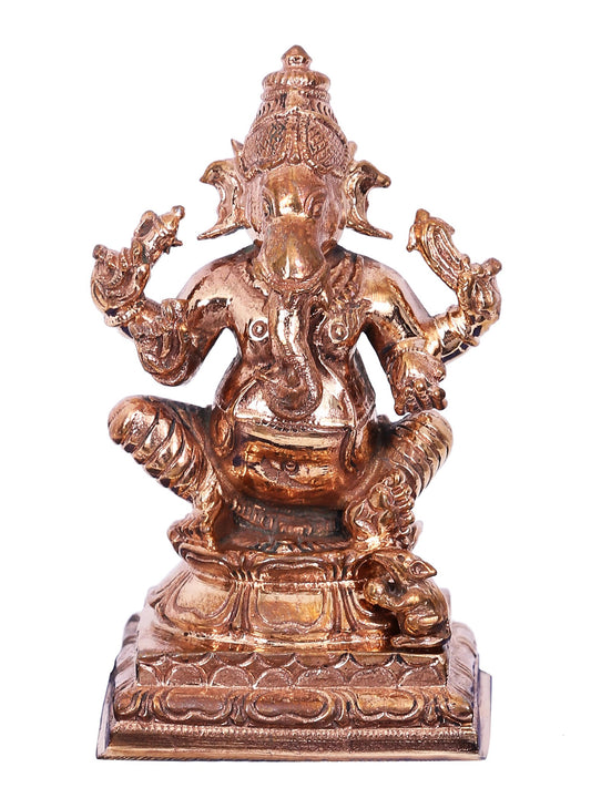 3" Chaturbhuja Lord Ganesha Seated On Lotus | Decorative Bronze Idol | Bronze Statue For Temple