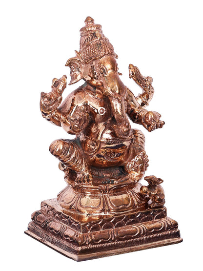 3" Chaturbhuja Lord Ganesha Seated On Lotus | Decorative Bronze Idol | Bronze Statue For Temple