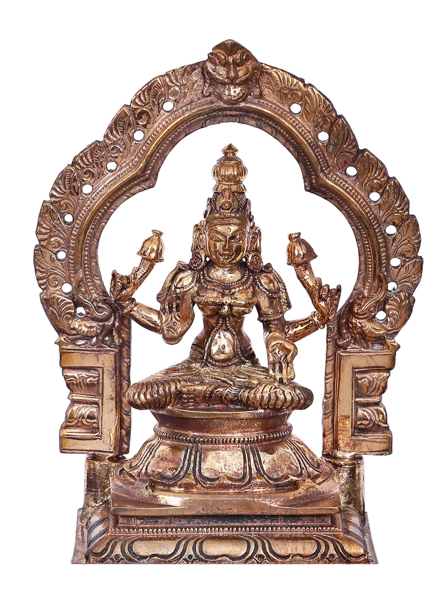 5" Goddess Lakshmi Seated On Kirtimukha Throne | Decorative Bronze Idol | Bronze Statue For Temple