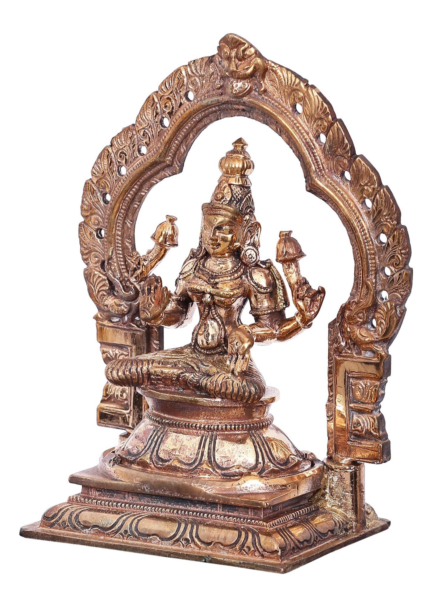 5" Goddess Lakshmi Seated On Kirtimukha Throne | Decorative Bronze Idol | Bronze Statue For Temple