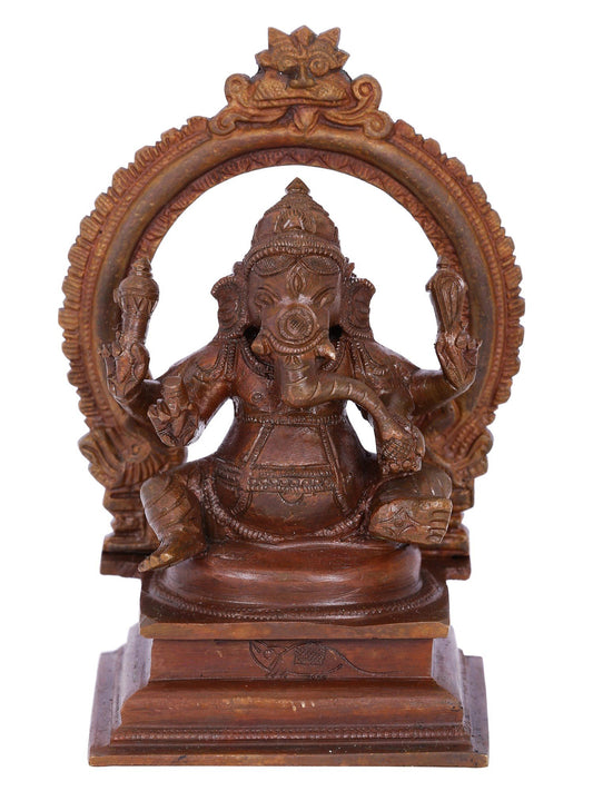 5" Small Four Arms Lord Ganesha With Kirtimukha | Panchaloha Bronze Statue | Decorative Bronze Idol | Bronze Statue For Temple