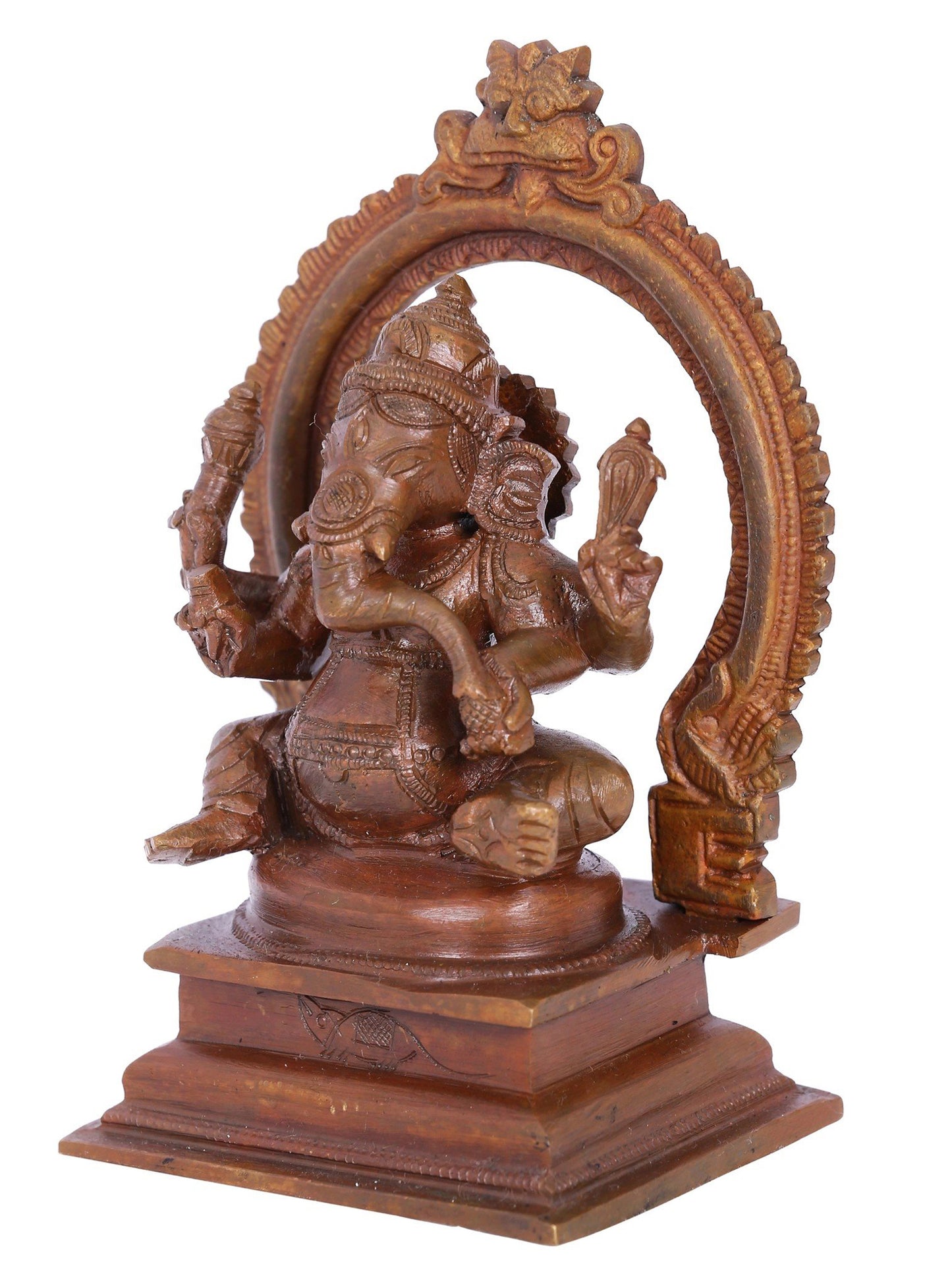 5" Small Four Arms Lord Ganesha With Kirtimukha | Panchaloha Bronze Statue | Decorative Bronze Idol | Bronze Statue For Temple