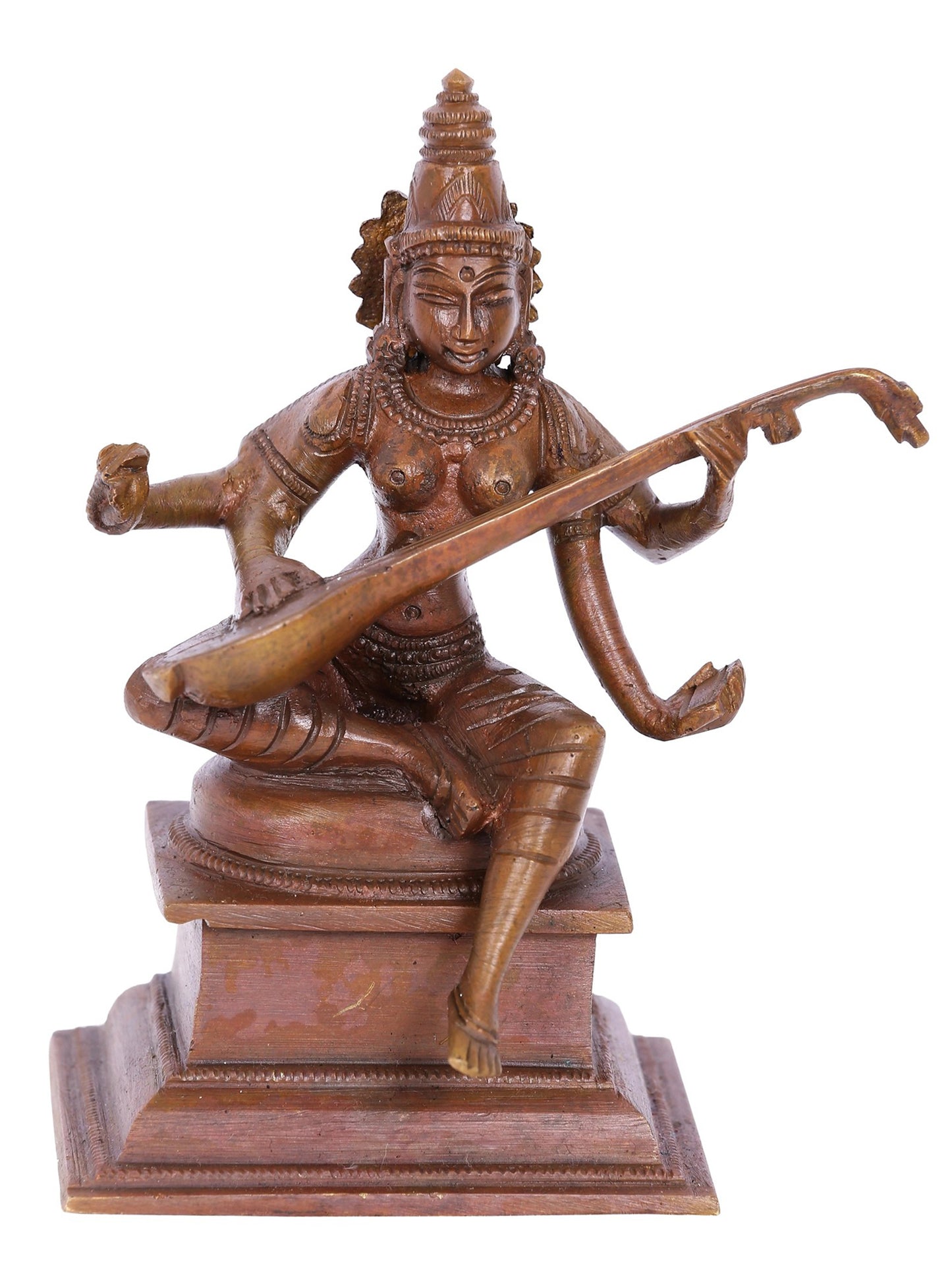 5" Small Goddess Saraswati Seated With Sitar | Panchaloha Bronze Statue | Decorative Bronze Idol | Bronze Statue For Temple