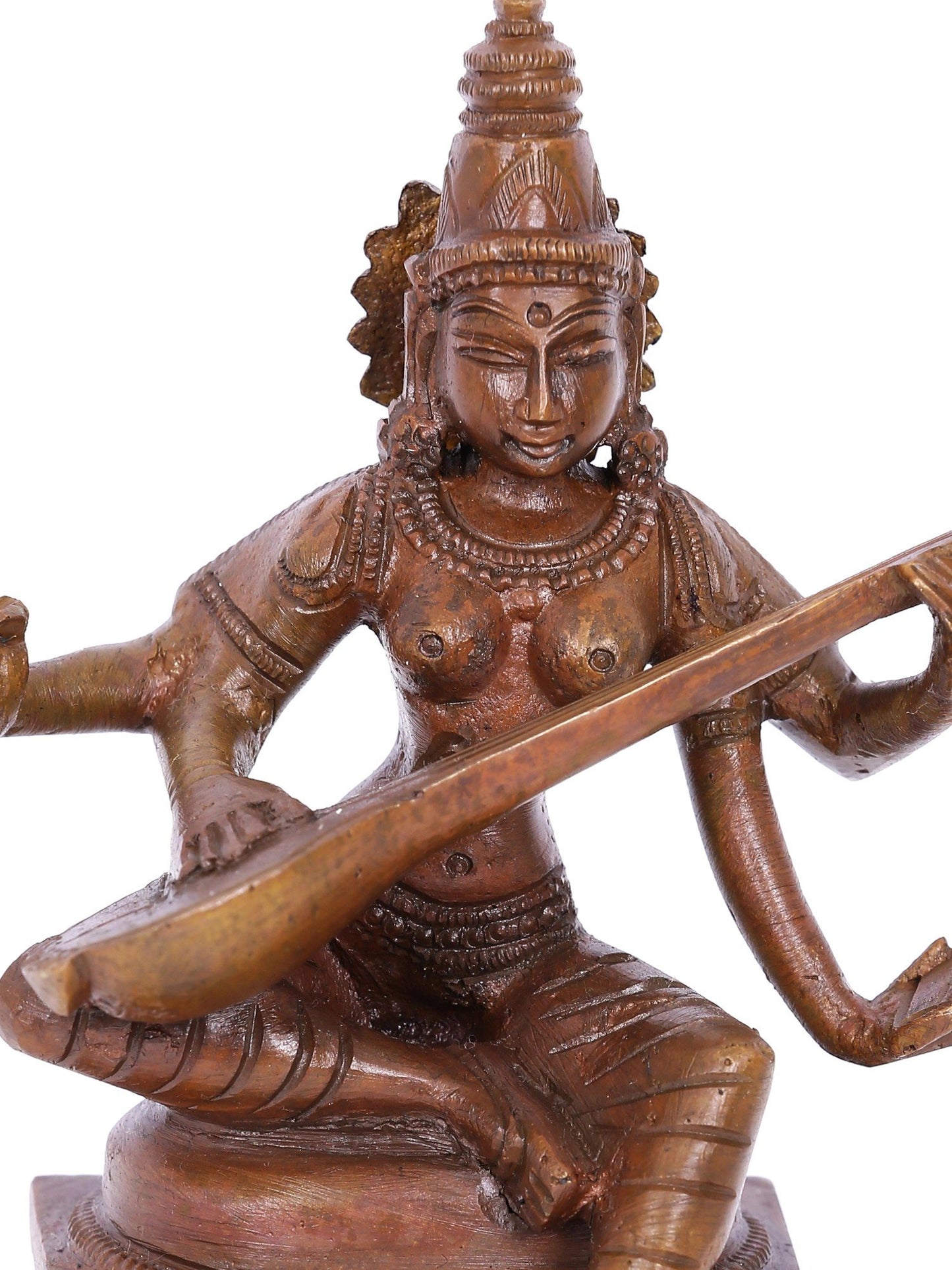 5" Small Goddess Saraswati Seated With Sitar | Panchaloha Bronze Statue | Decorative Bronze Idol | Bronze Statue For Temple