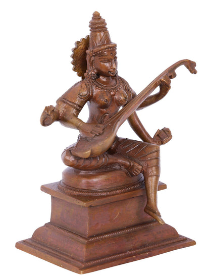 5" Small Goddess Saraswati Seated With Sitar | Panchaloha Bronze Statue | Decorative Bronze Idol | Bronze Statue For Temple