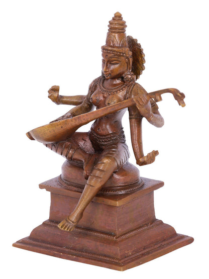 5" Small Goddess Saraswati Seated With Sitar | Panchaloha Bronze Statue | Decorative Bronze Idol | Bronze Statue For Temple